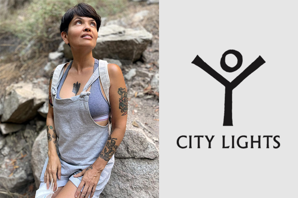 Photo of Myriam Gurba with the City Lights Bookstore logo
